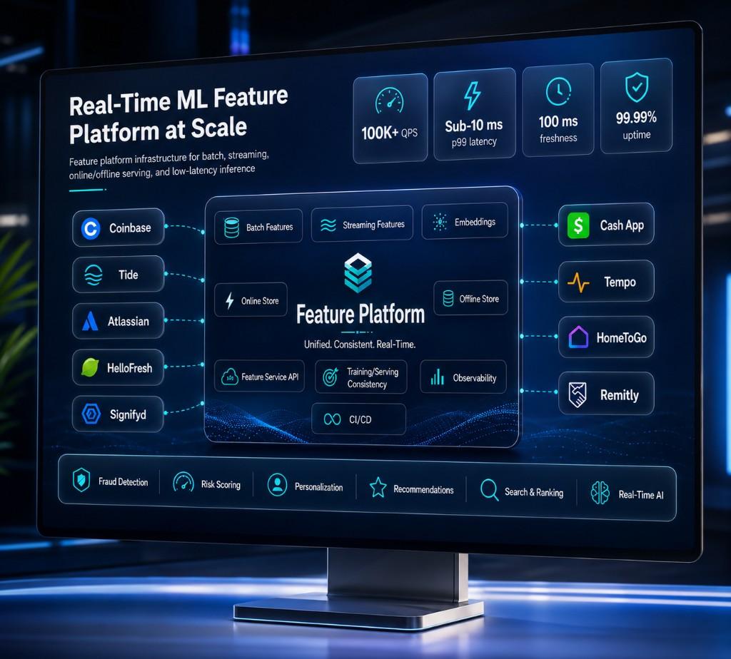 Real-Time ML Feature Platform at Scale - A production ML platform that turns raw customer data into reliable features for real-time prediction and offline model training. I worked with the team to improve feature computation, online serving, embedding workflows, and observability across high-volume ML pipelines. | Angelo Lacson Portfolio Project